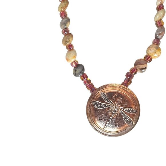 Vintage Multicolor Beads Stones Dragonfly Pendant Necklace - Picture 3 of 7